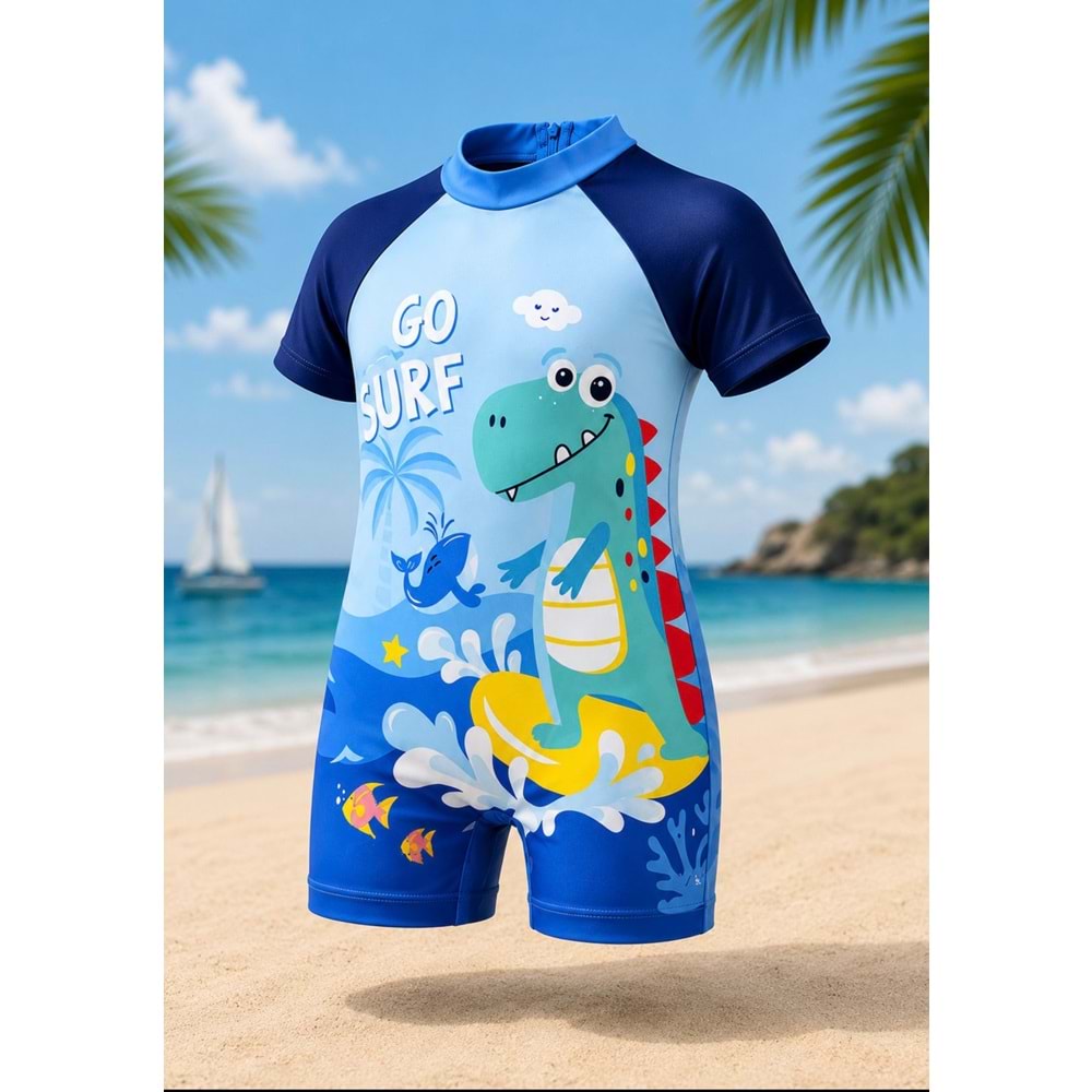 Erkek Çocuk Mini Dino Wawe Surfer Tarz Kısa Kollu Mayo Bone Takımı