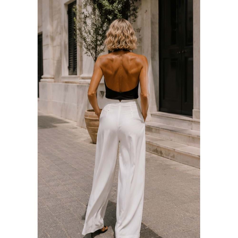 Aura White Modal Palazzo Pantolon - V Shape Bel Detay