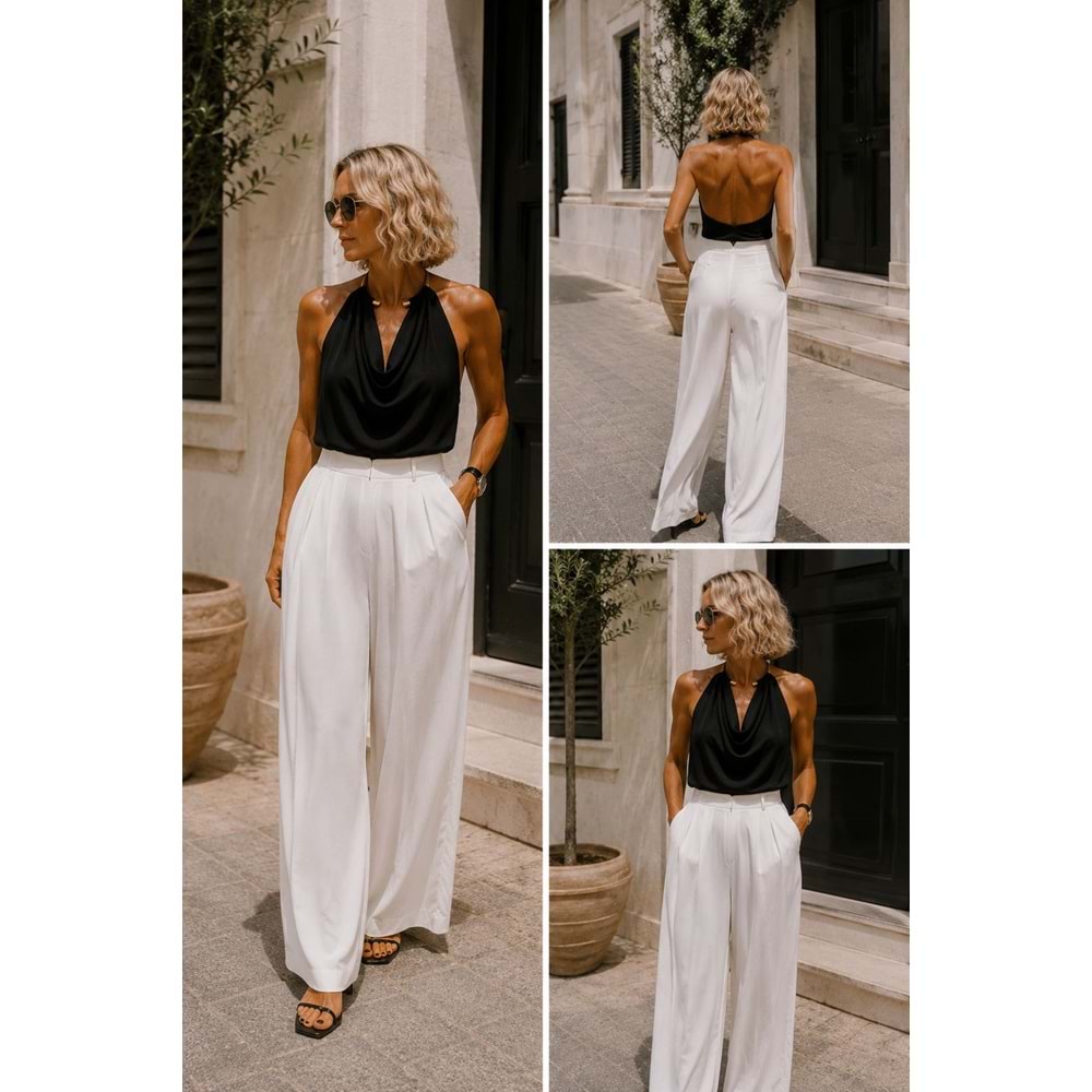 Aura White Modal Palazzo Pantolon - V Shape Bel Detay