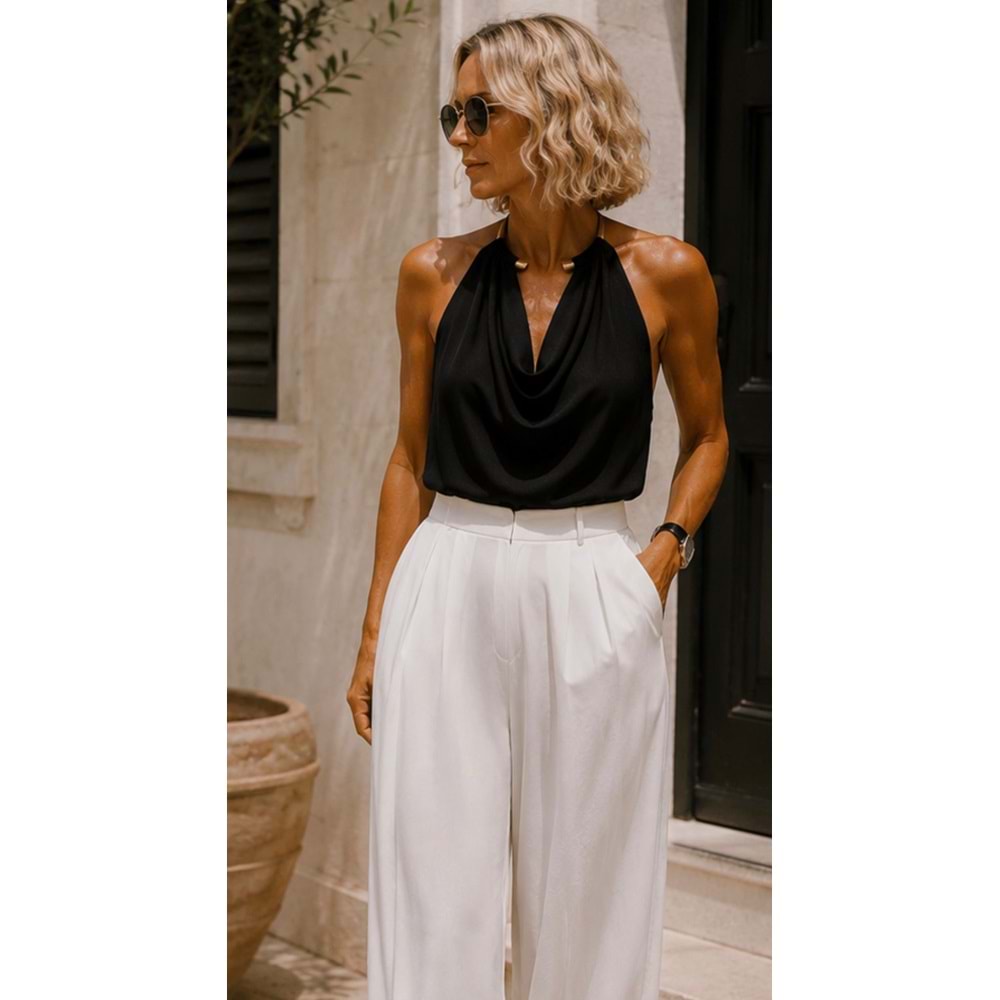 Aura White Modal Palazzo Pantolon - V Shape Bel Detay