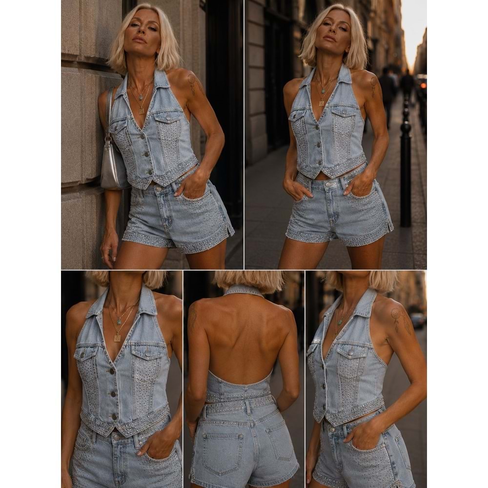 Taş Detaylı Halter Yaka Denim Kot Yelek Sırt Dekolteli
