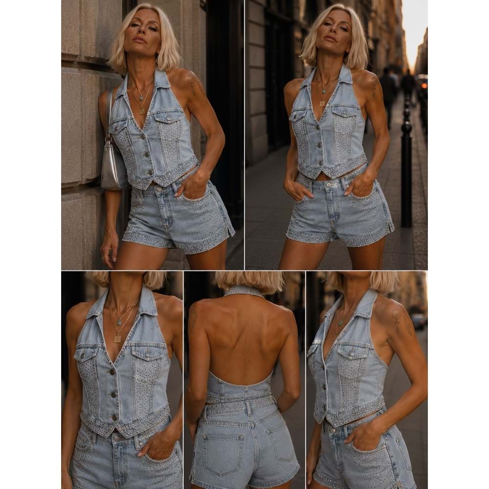Taş Detaylı Halter Yaka Denim Kot Yelek Sırt Dekolteli