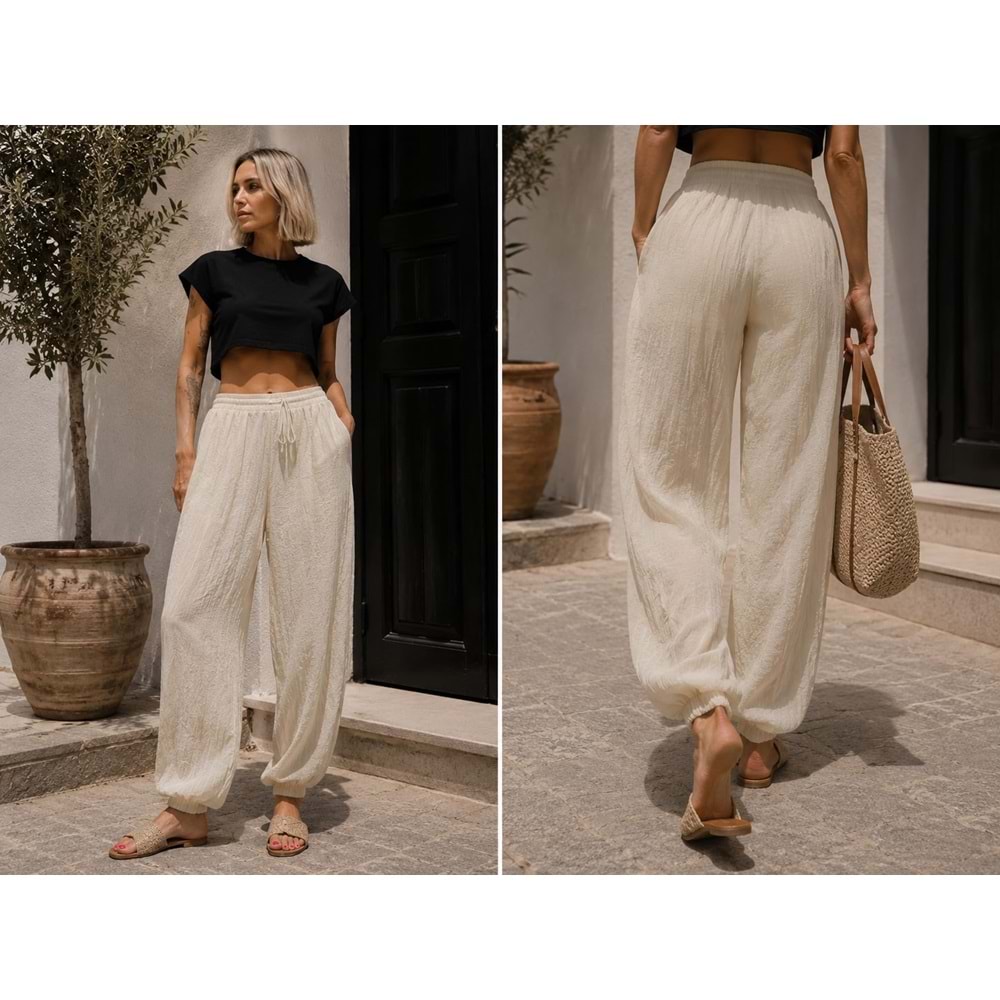 Tensel Kumaş Premium Dokulu Balon Paça Pantolon Bej - Beyaz Renk
