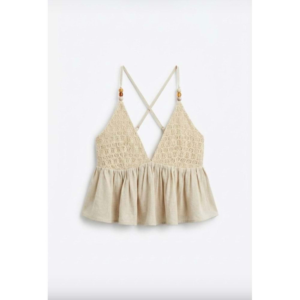 Ekru Dantel Detay Bohem Askılı Volanlı Yazlık Bluz Vintage Lace