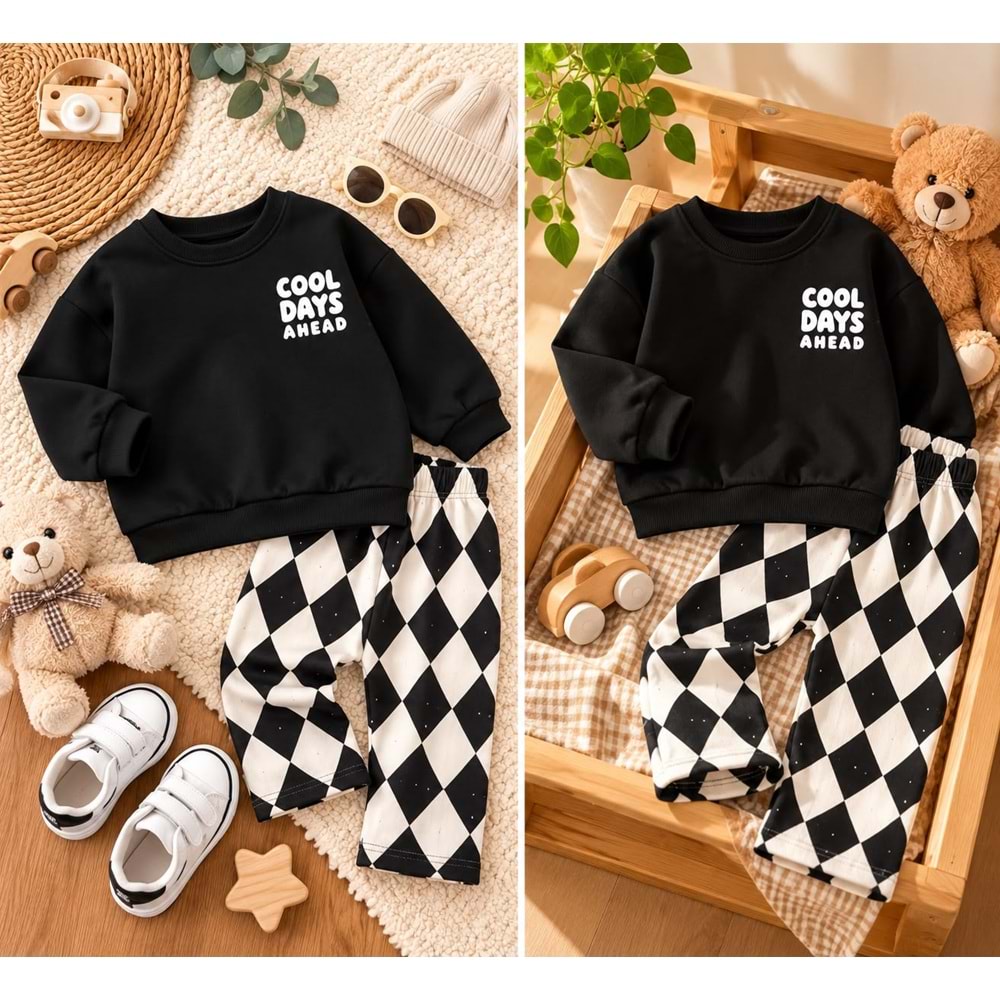 Unisex Kız - Erkek Çocuk Füme RenkSlogan Yazı Baskılı Baklaja Jogger Alt Üst Takım