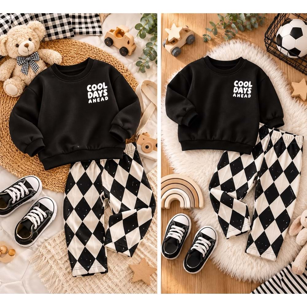 Unisex Kız - Erkek Çocuk Füme RenkSlogan Yazı Baskılı Baklaja Jogger Alt Üst Takım