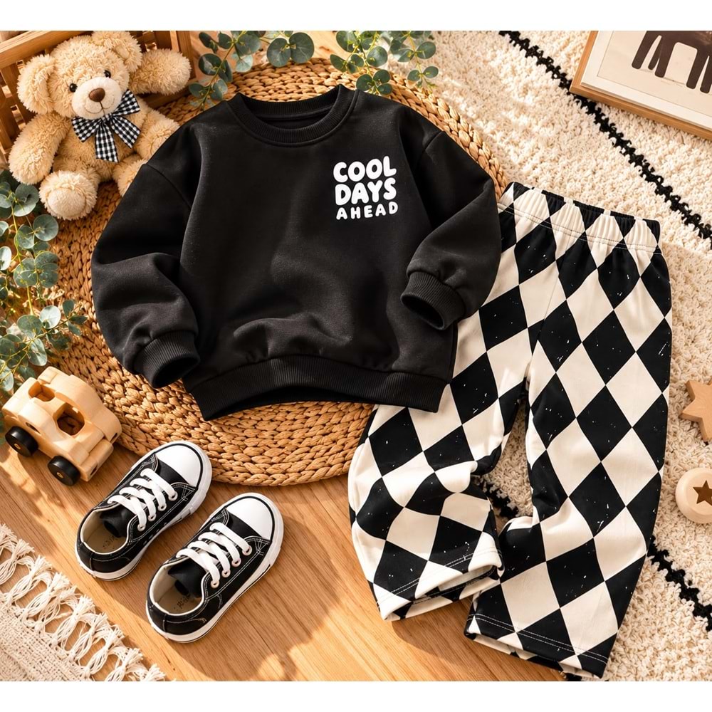 Unisex Kız - Erkek Çocuk Füme RenkSlogan Yazı Baskılı Baklaja Jogger Alt Üst Takım