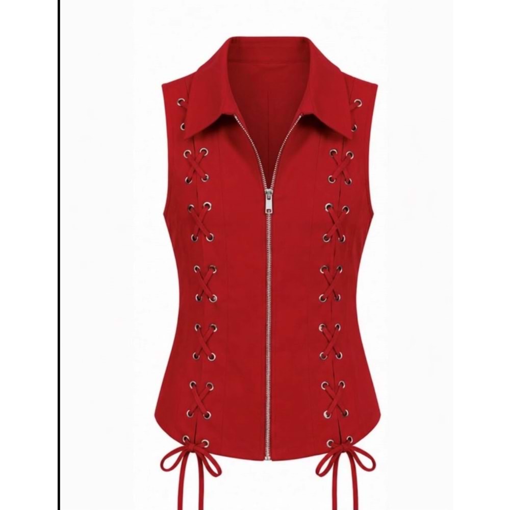 Ibeeka - Scarlet Lace Bağcık Detaylı Fermuar Kapama Kırmızı Yelek