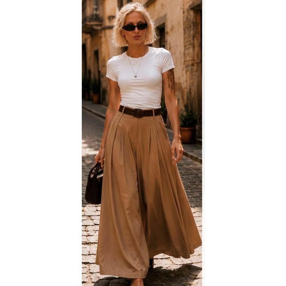 Kadın Beyaz Renk Dökümlü Pantolon Etek Yüksek Bel Kemerli Bol Kesim