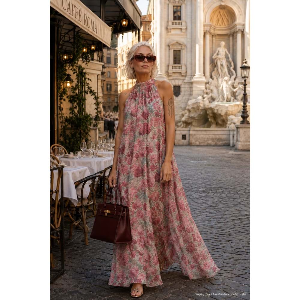 Ibeeka Boboli Flowers Çiçek Desenli Halter Yaka Uçuş Maxi Elbise