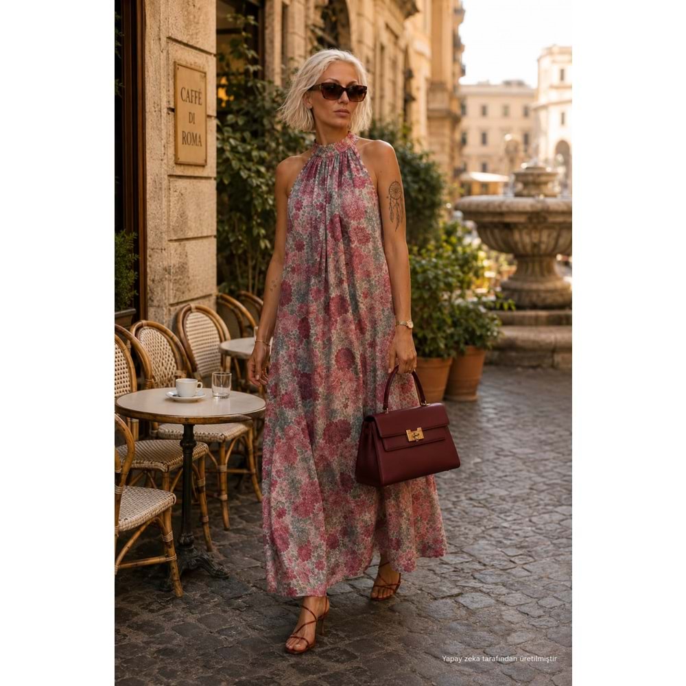 Ibeeka Boboli Flowers Çiçek Desenli Halter Yaka Uçuş Maxi Elbise