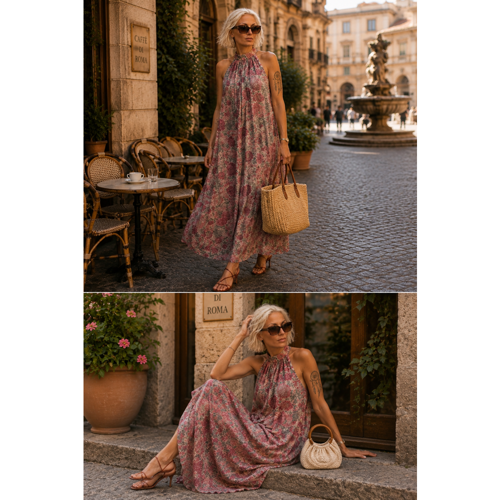 Ibeeka Boboli Flowers Çiçek Desenli Halter Yaka Uçuş Maxi Elbise