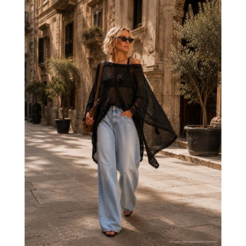 Ibeeka - Transparan Salaş Triko Panço Bluz - Sezon Trend