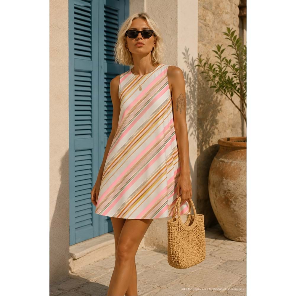Ibeeka - Retro Çizgili Desen A Kalıp Mini Elbise