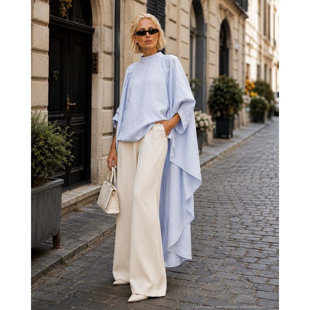Kadın Bebe Mavi - Beyaz Uzun Asitmetrik Oversize Pamuklu Uçuş Pelerin Bluz
