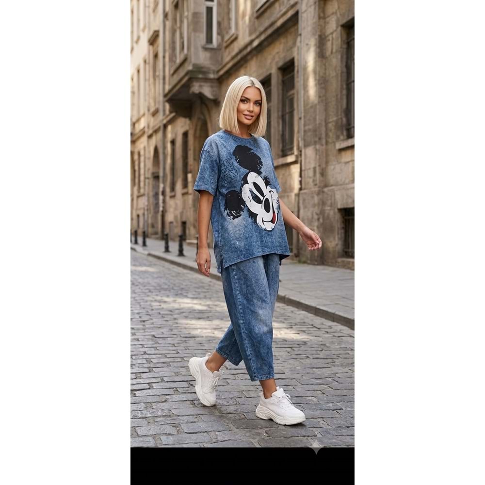 Kadın - Mavi Yıkama Baskılı Oversize Alt Üst Takım