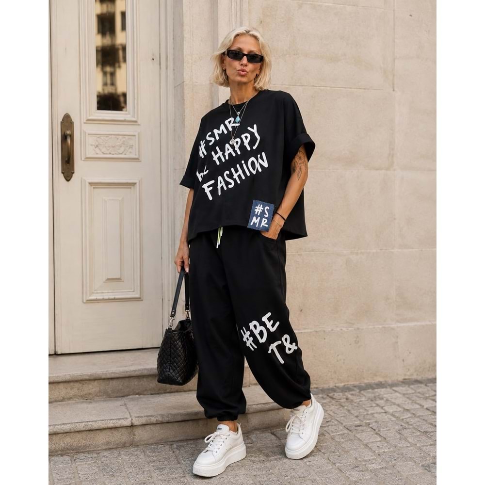Kadın - Oversize Büyük Beden Uyumlu Yazı Baskılı Şalvar Pantolon 2li Takım
