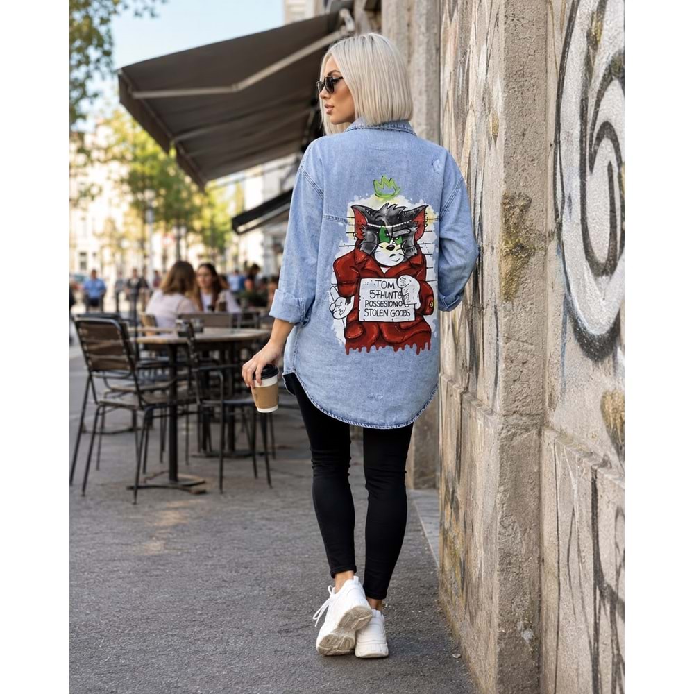 Sırt Karikatür Baskı Detaylı Oversize Kot Gömlek - Ceket