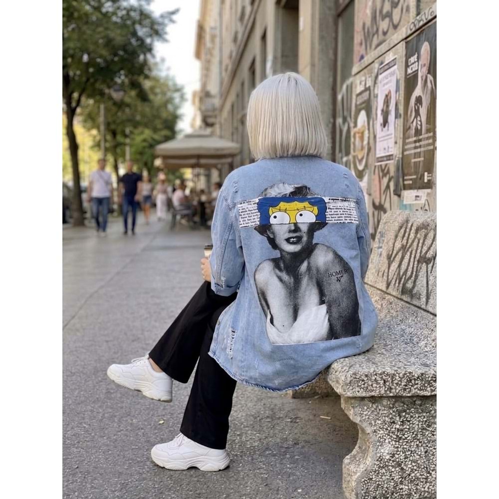 Sırt Karikatür Baskı Detaylı Oversize Kot Gömlek - Ceket