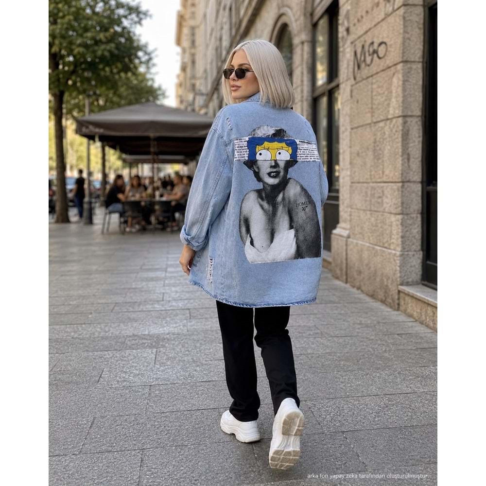 Sırt Karikatür Baskı Detaylı Oversize Kot Gömlek - Ceket