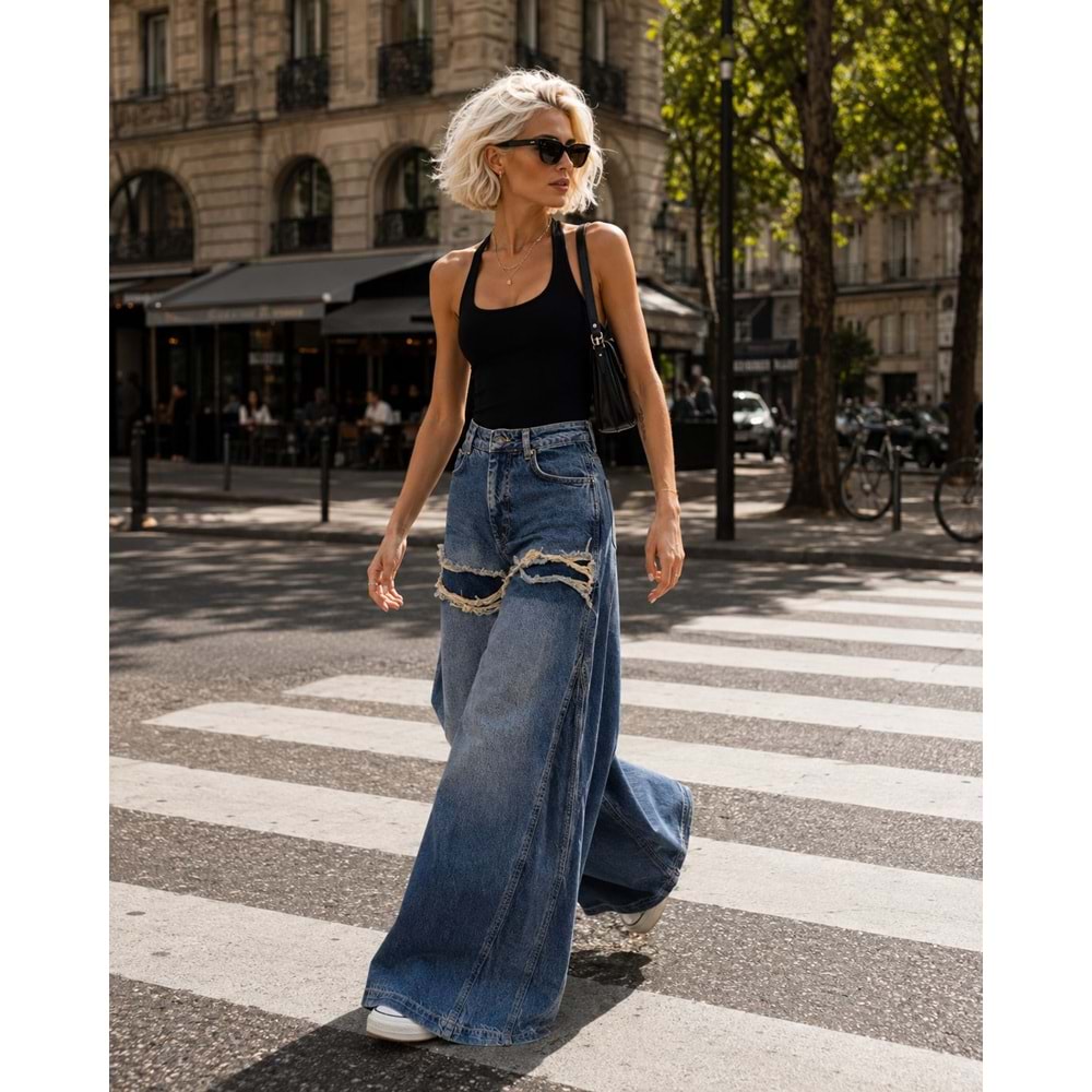 Distressed Detaylı Wide Leg Palazzo Jean Pantolon Yırtık Görünüm