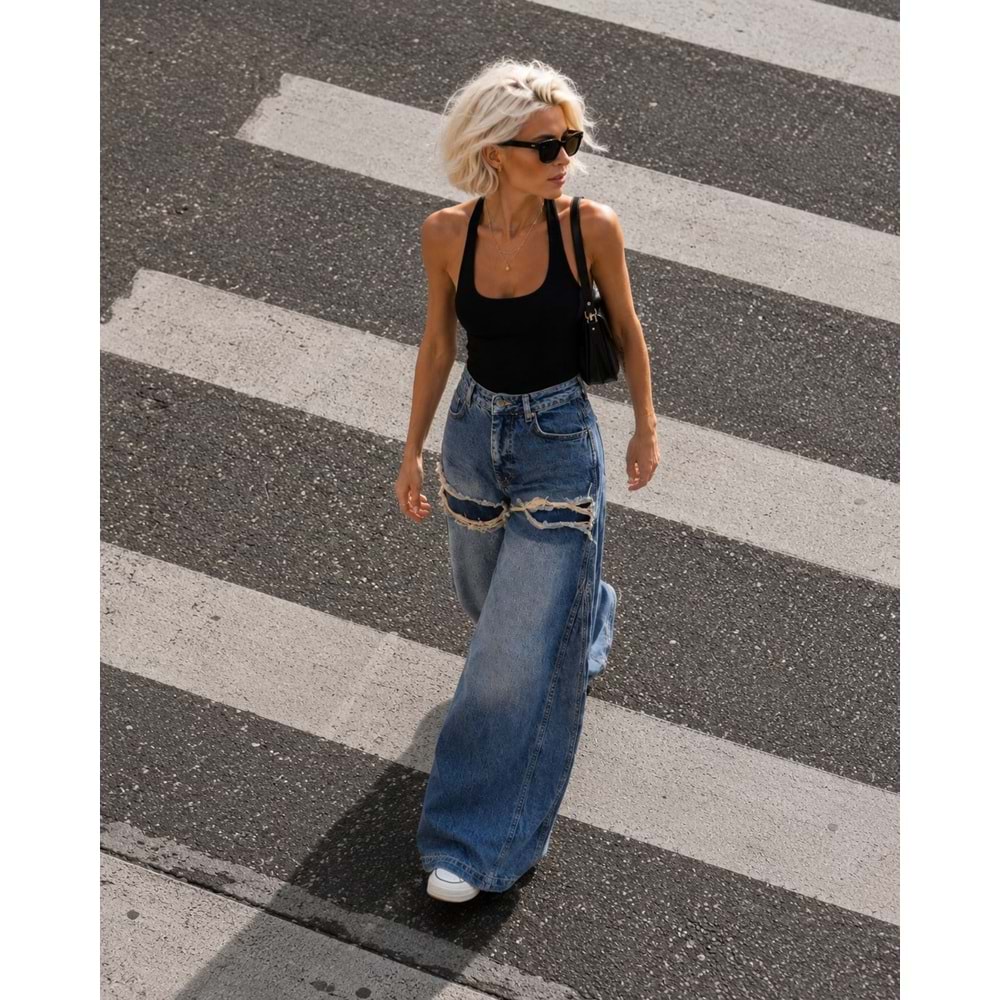 Distressed Detaylı Wide Leg Palazzo Jean Pantolon Yırtık Görünüm