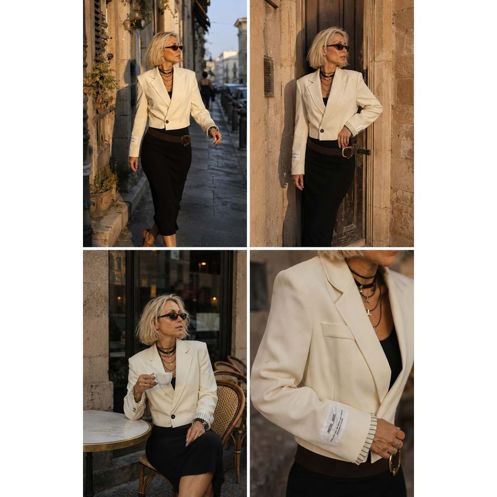 Ibeeka - Krem - Siyah Renk Crop Blazer Ceker - Çizgi Manşet Detay