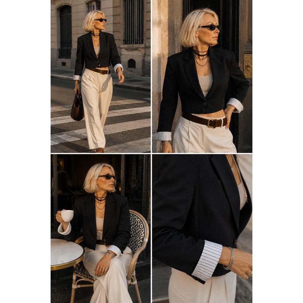 Ibeeka - Krem - Siyah Renk Crop Blazer Ceker - Çizgi Manşet Detay