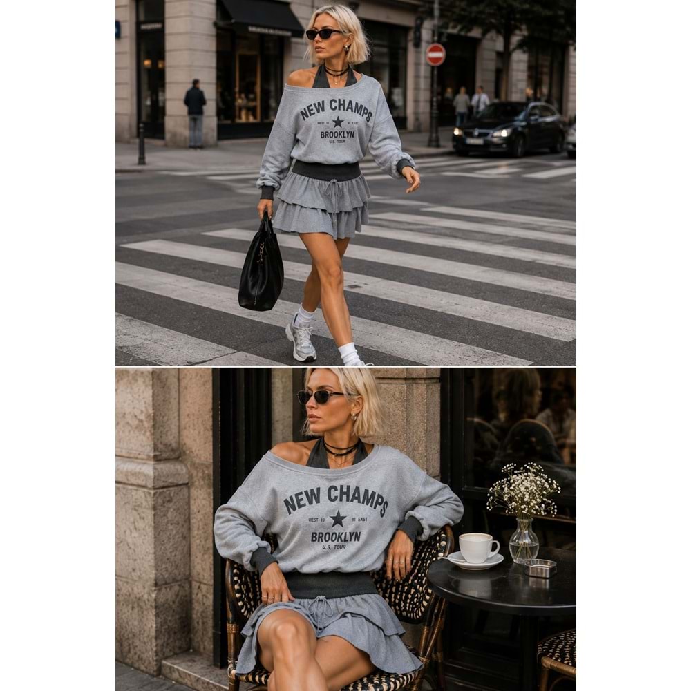 Düşük Omuz 2 Parça Görünümlü Geniş Yaka Baskılı Sweatshirt