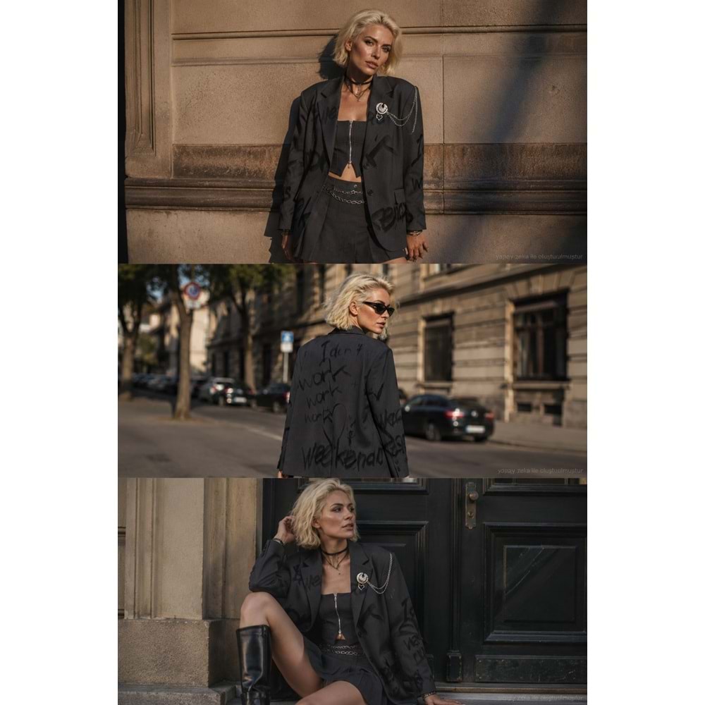 Ibeeka Signature Sellection Graffiti Blazer Ceket Broş Zincir Detaylı Antrasit
