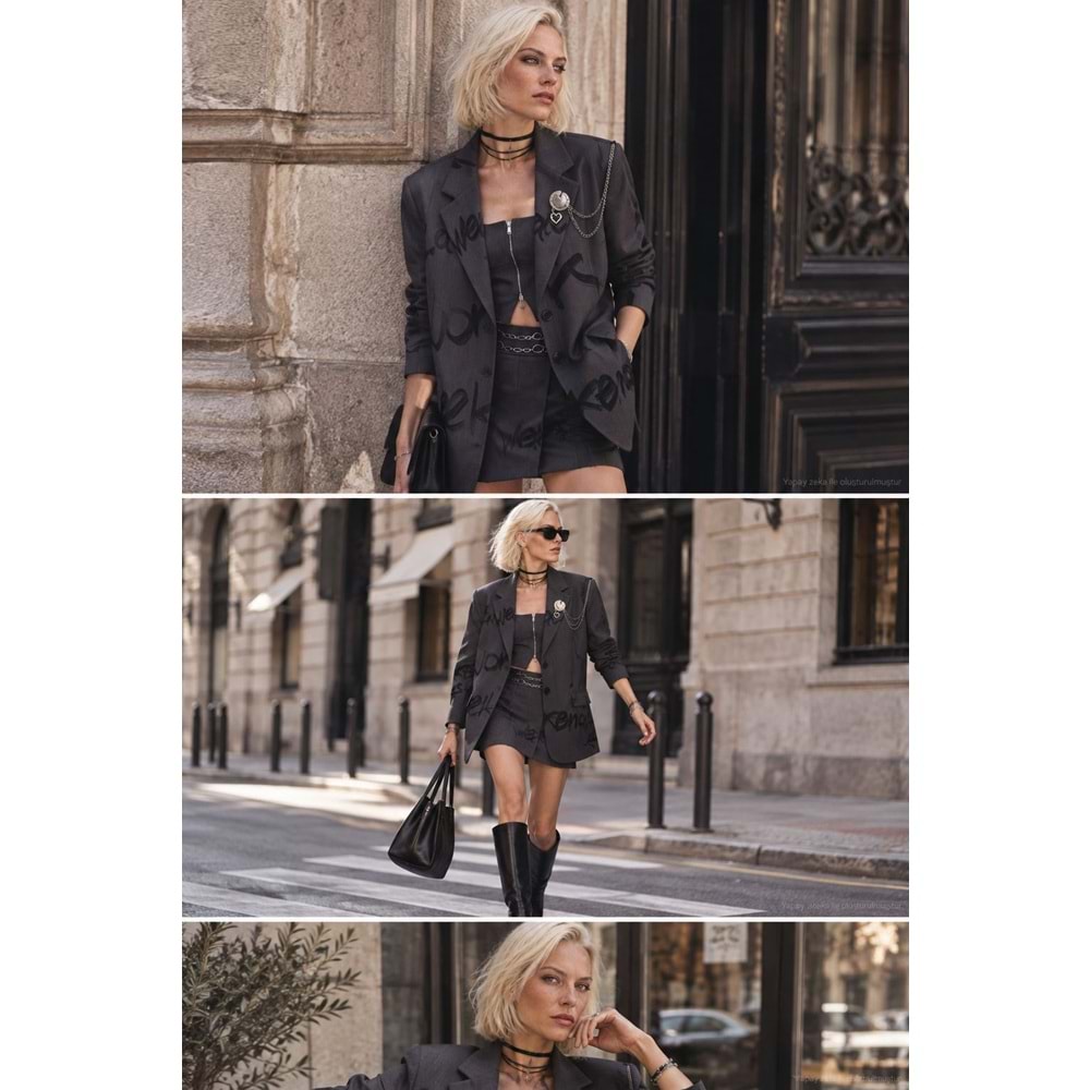 Ibeeka Signature Sellection Graffiti Blazer Ceket Broş Zincir Detaylı Antrasit