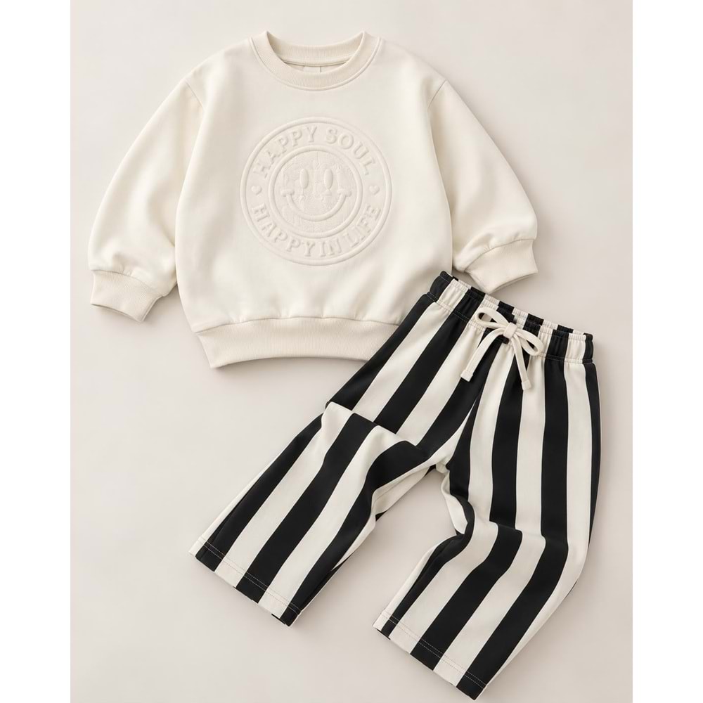 Kız Çocuk 3 İplik Kabartma Baskı Çizgili Jogger Sweatshirt Eşofman Alt Üst Takım
