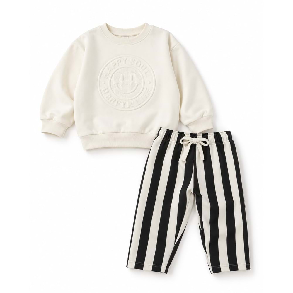Kız Çocuk 3 İplik Kabartma Baskı Çizgili Jogger Sweatshirt Eşofman Alt Üst Takım