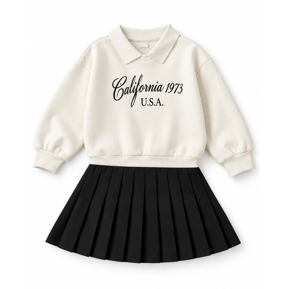 Kız Çocuk Polo Yaka Sweatshirt - Etek Trend Alt Üst Takım Yeni Sezon