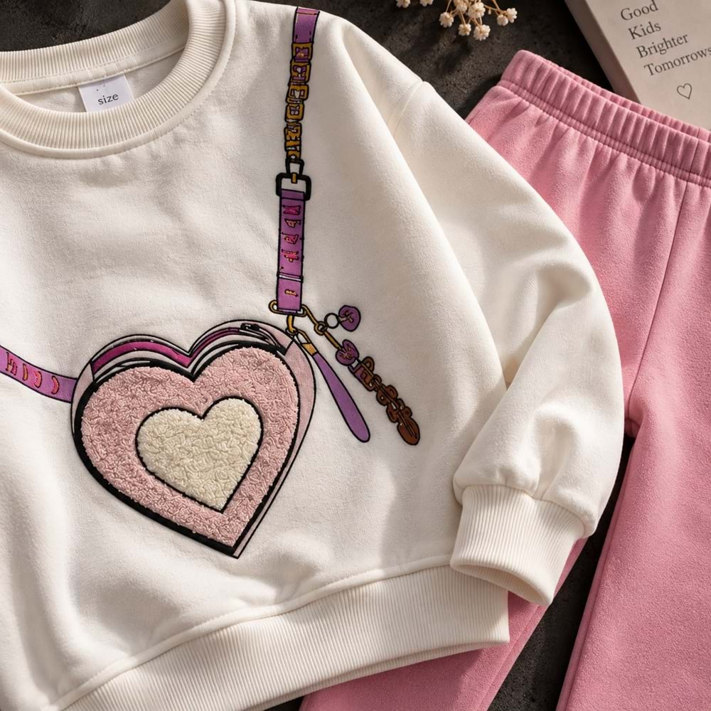 Kız Çocuk Yeni Sezon 3D Nakış İşlemeli 3 İplik Sweatshirt Tayt Alt Üst Takım