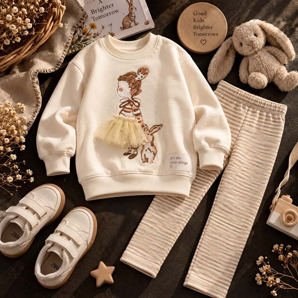 Kız Çocuk Balerin 3D Tütü Aplike Detaylı Sweatshirt Çizgili Tayt Alt Üst Takım