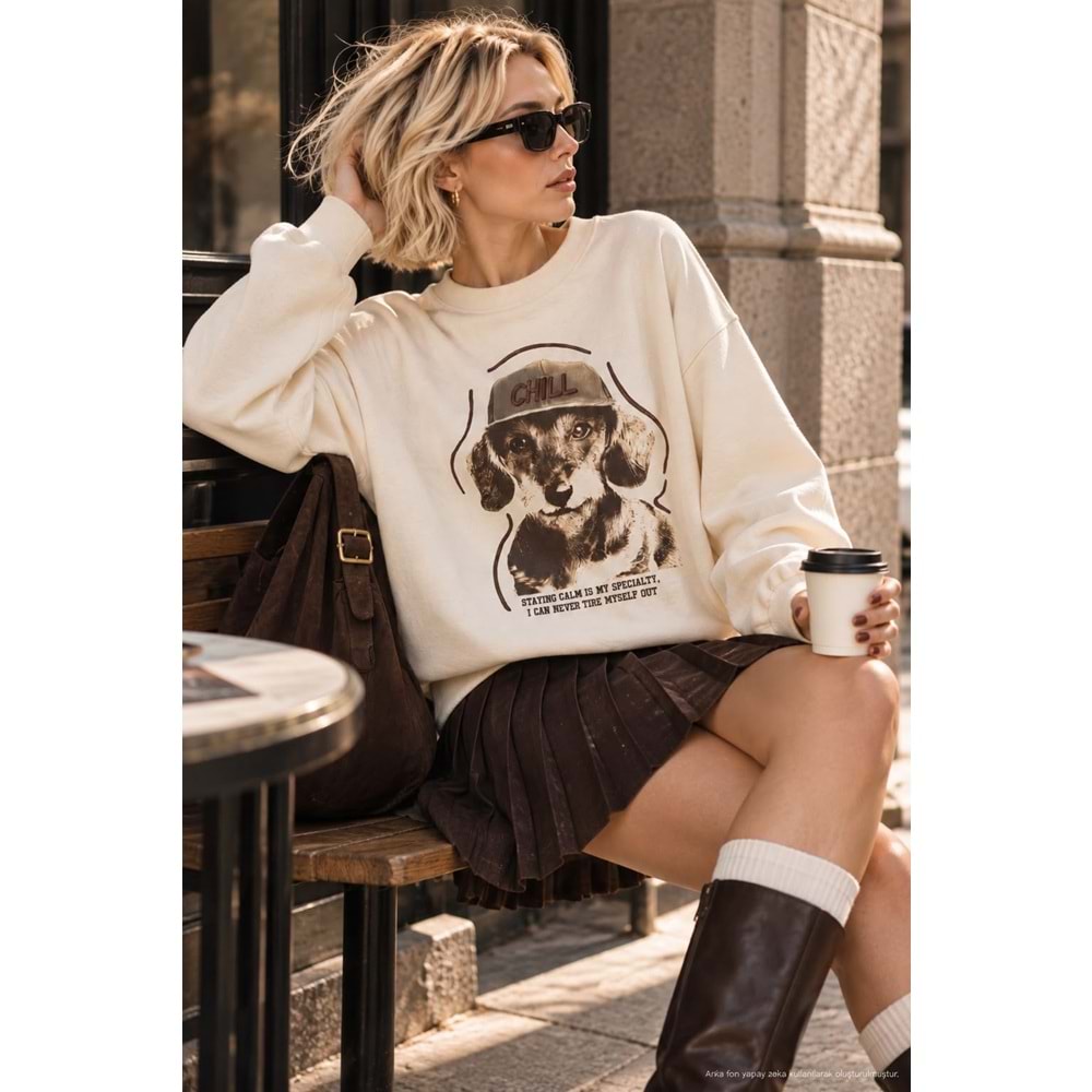 Chill Dog Köpek Baskılı Oversize Sweatshirt