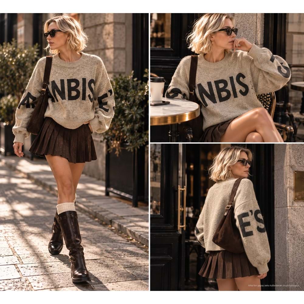 Yazı Desenli Oversize Bisiklet Yaka Crop Triko Kazak