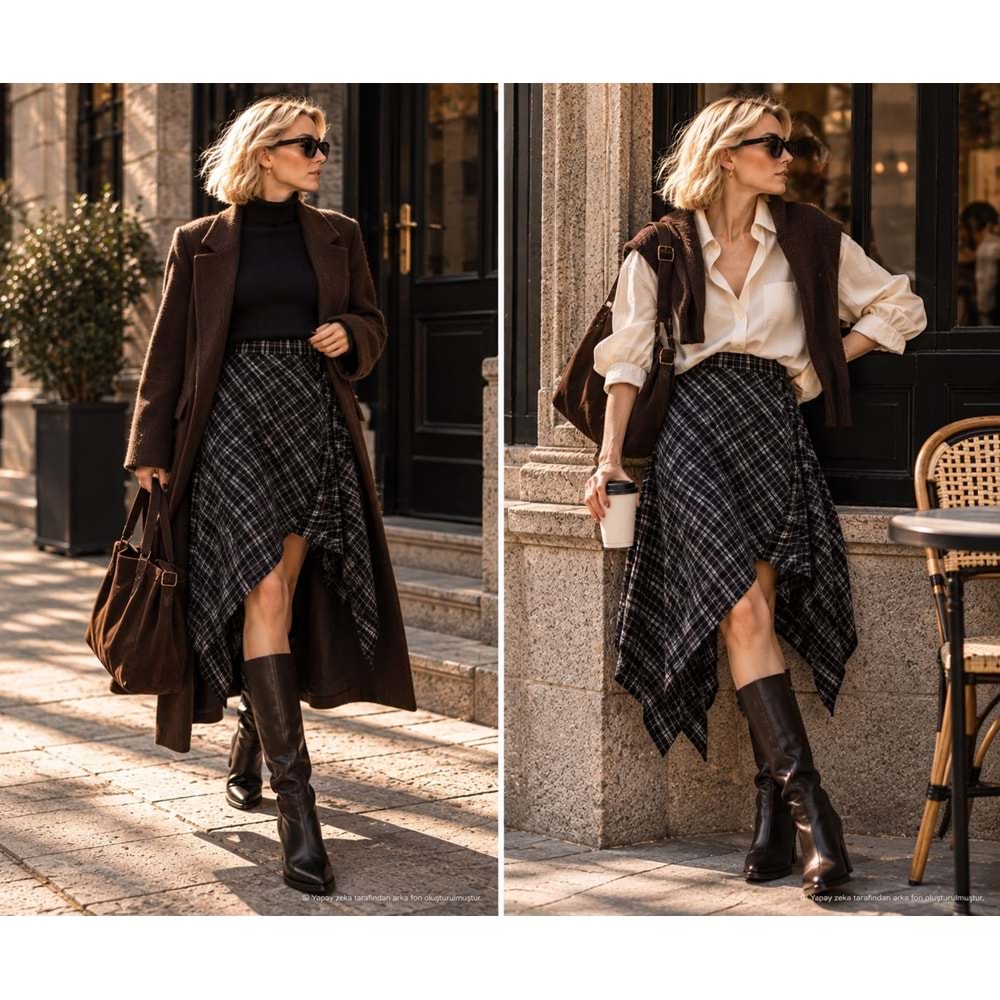 HighLand Asimetrik Mendil Kesim Ekose Etek