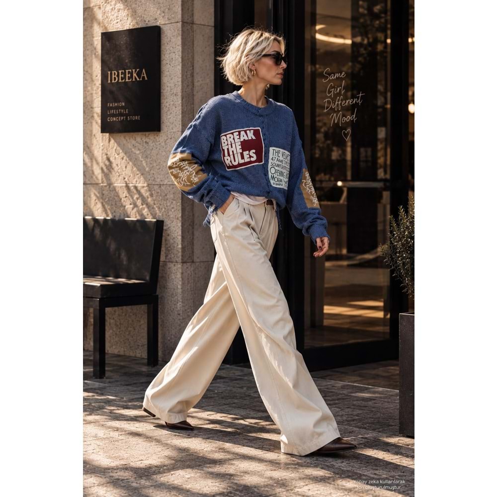 Rebel Mood Patch Ve Yırtık Detaylı Oversize Triko Tasarım Kazak