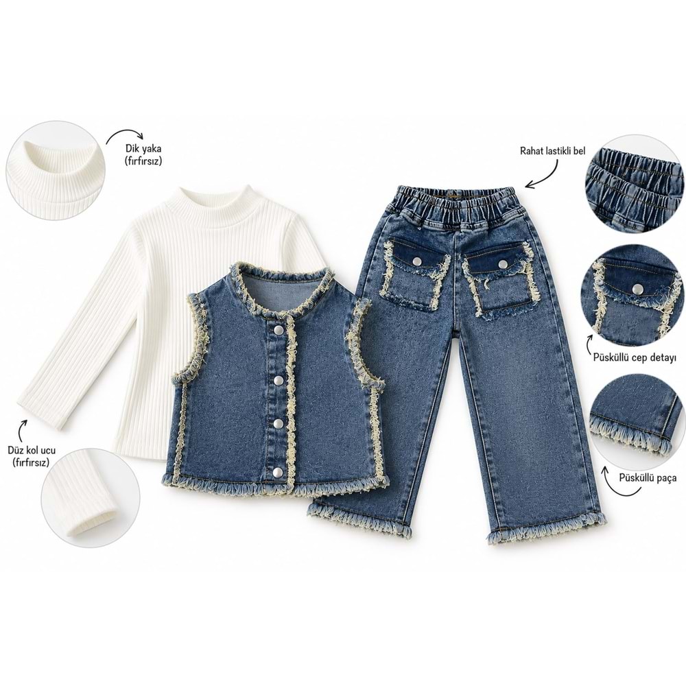 Unisex Kot Yelek Pantolon,Triko Bluz 3 Parçalı Takım - 2-3 YAŞ