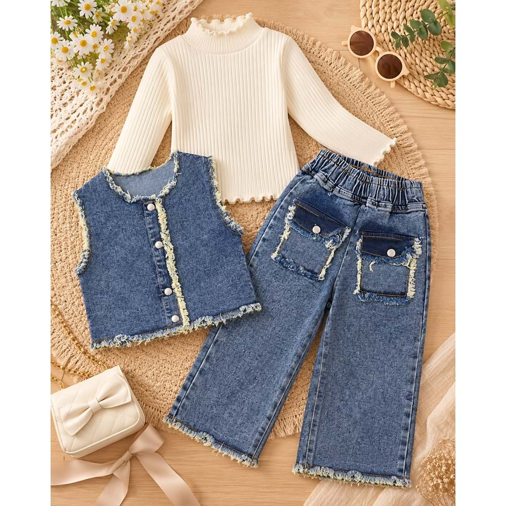 Unisex Kot Yelek Pantolon,Triko Bluz 3 Parçalı Takım - 2-3 YAŞ