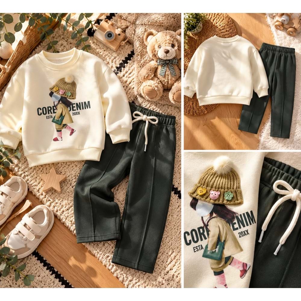 Kız Çocuk Aplike Bere Detay Aksesuarlı Baskılı Sweatshirt Eşofman Altı Alt Üst Takım - Şardonlu