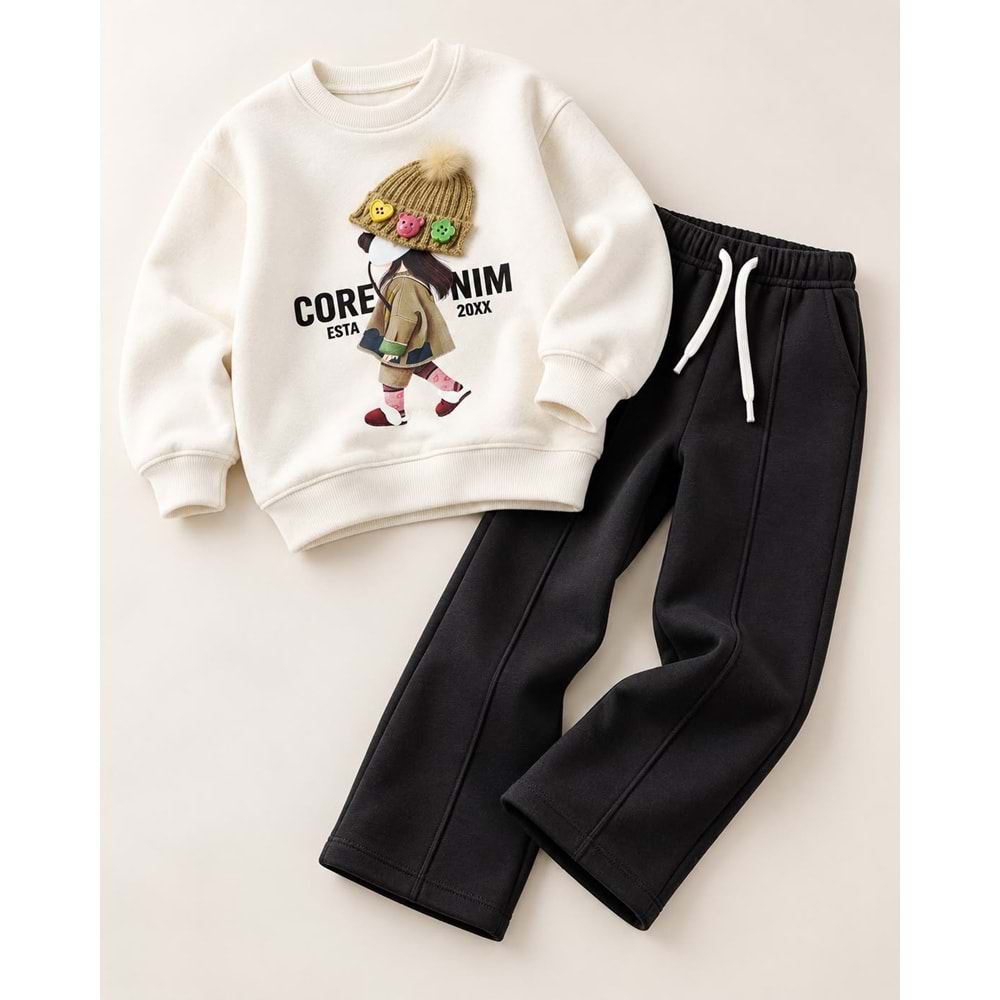 Kız Çocuk Aplike Bere Detay Aksesuarlı Baskılı Sweatshirt Eşofman Altı Alt Üst Takım - Şardonlu