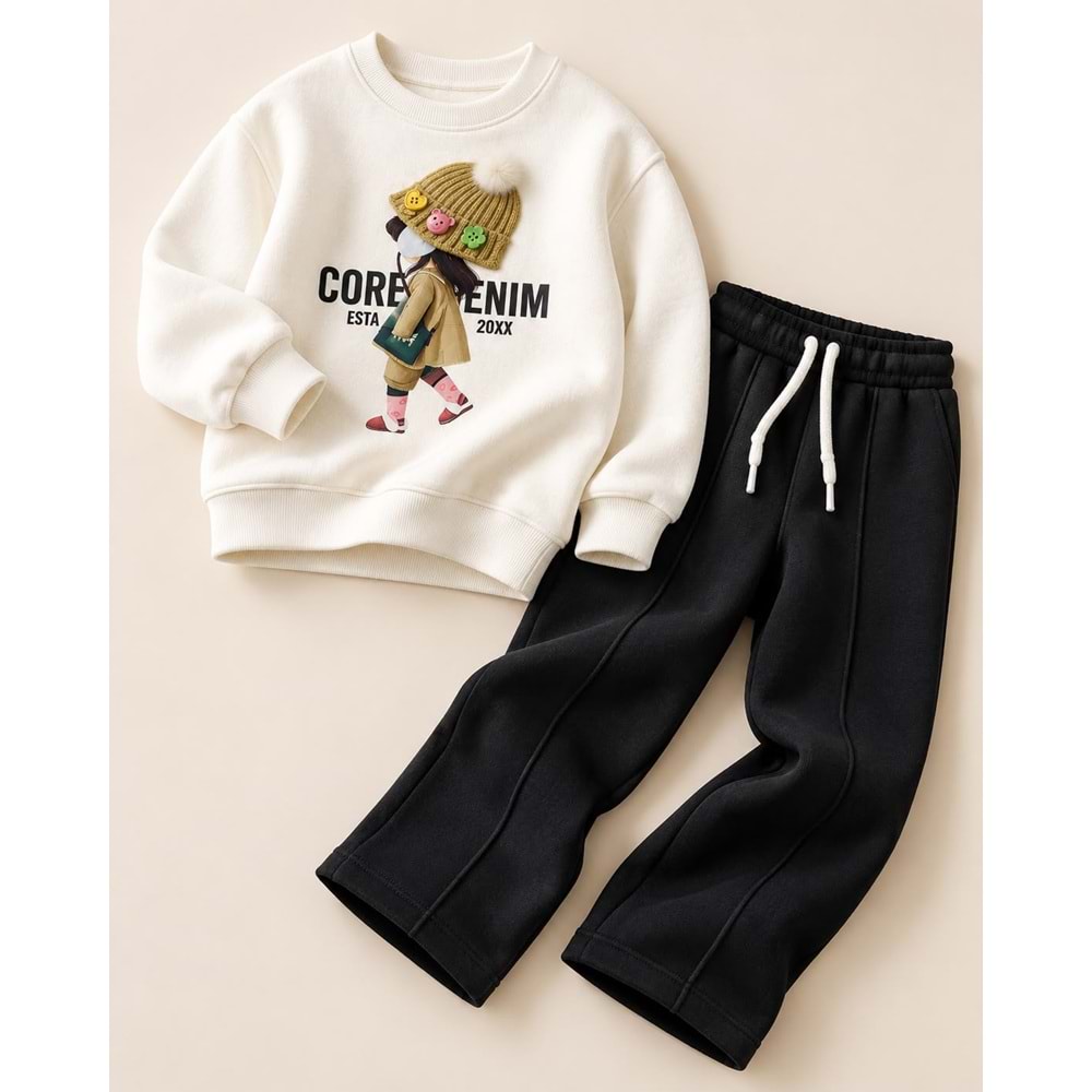 Kız Çocuk Aplike Bere Detay Aksesuarlı Baskılı Sweatshirt Eşofman Altı Alt Üst Takım - Şardonlu