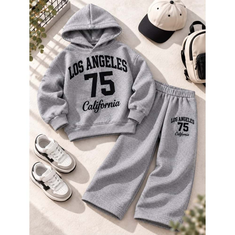 Kız Çocuk Yazı Deetaylı CA LA Baskılı Sweatshirt - Eşofman Alt Üst Takım