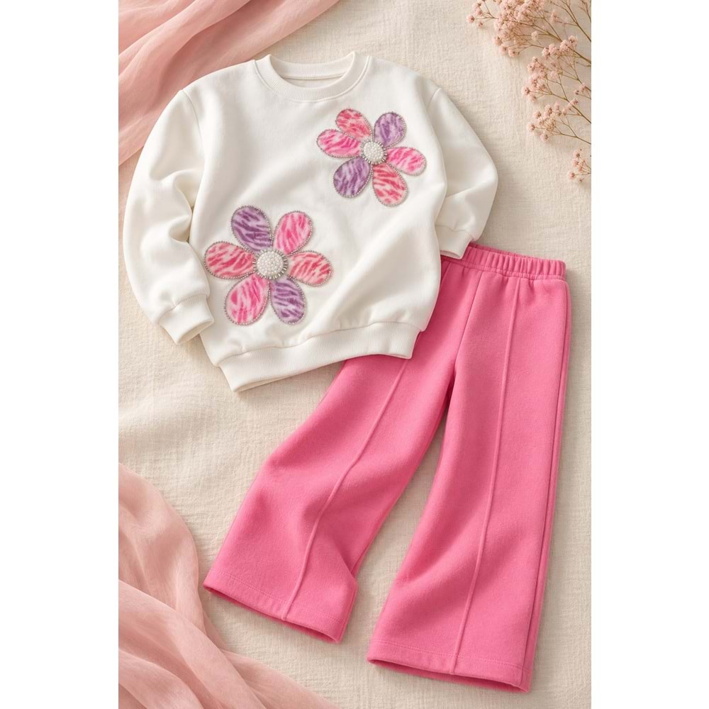 Kız Çocuk Pembe Renk İnci Fiyonk Aplike Detay Eşofman Takımı