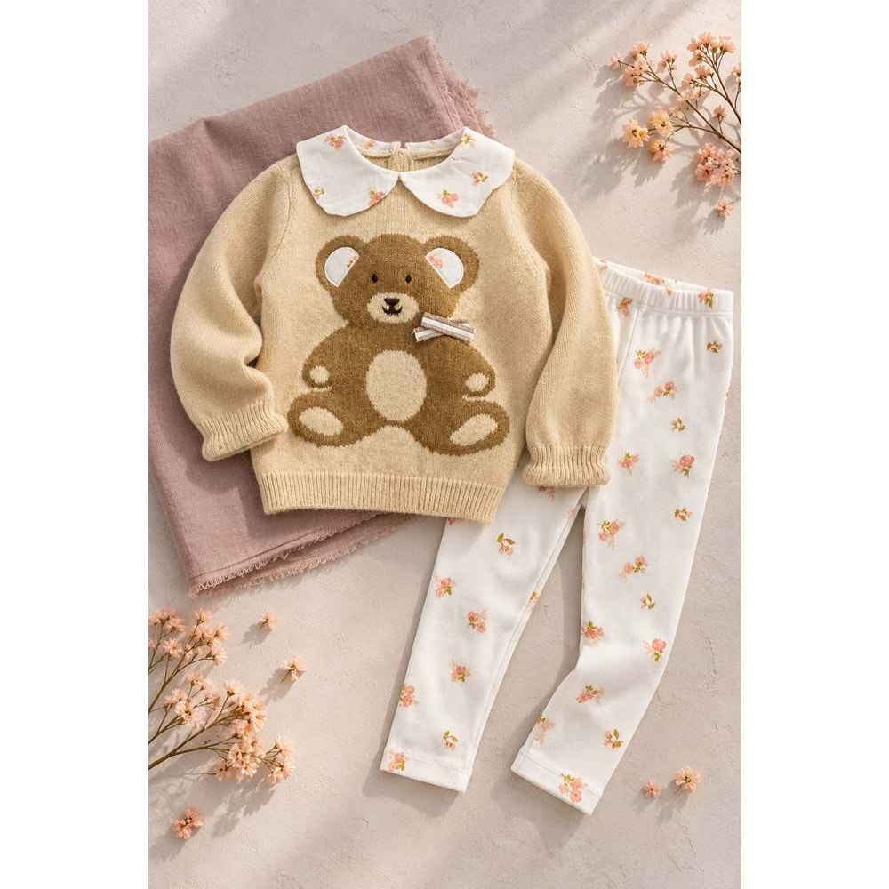 Kız Çocuk Ayıcık Nakışlı Bebe Yakalı Triko Sweatshirt ve Çiçek Desenli Tayt 2li Takım