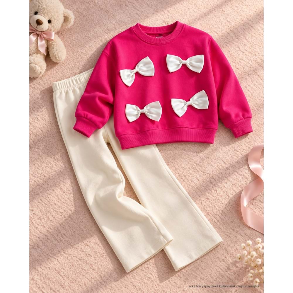 Kız Çocuk Saten Kurdele Aplikeli 3 iplik Sweatshirt ve Tayt Alt Üst Takım Yeni Sezon