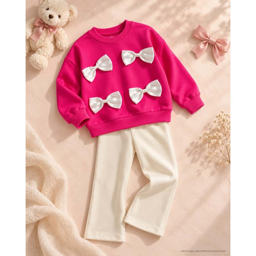 Kız Çocuk Saten Kurdele Aplikeli 3 iplik Sweatshirt ve Tayt Alt Üst Takım Yeni Sezon
